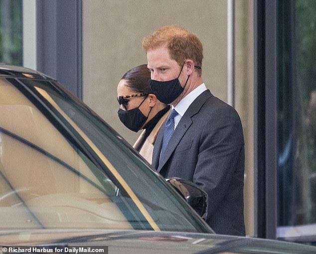 Prince Harry and his wife Meghan Markle arrive at the World Trade Center Observatory in Manhattan Thursday morning