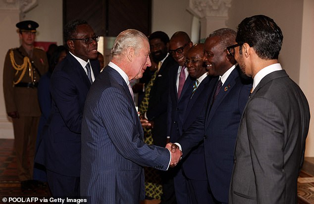 His Majesty met with the continent's business leaders to learn about opportunities for young people and entrepreneurship in Africa ahead of his upcoming visit to Kenya (Pictured: The king shakes hands with Kenyan businessman James Mwangi)