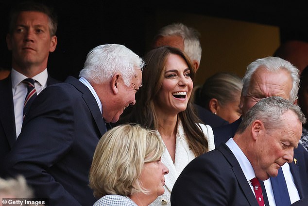 Rob Bryers, President of the RFU, Catherine, Princess of Wales and Patron of the England Rugby Football Union (RFU), and Sir Bill Beaumont CBE, Chairperson of World Rugby