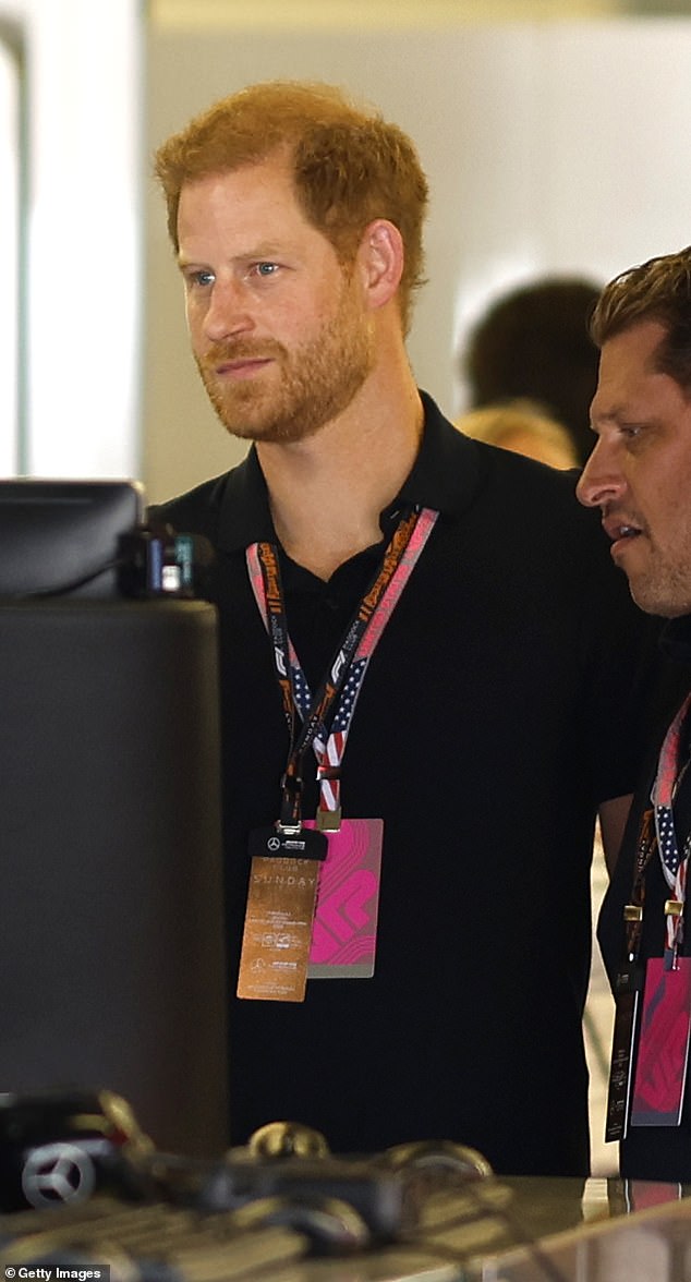 Prince Harry speaks to Racing Team Principal Christian Horner in Austin, Texas