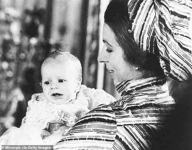 Princess Anne pictured with her son Peter Phillips at his 1977 baptism at Buckingham Palace