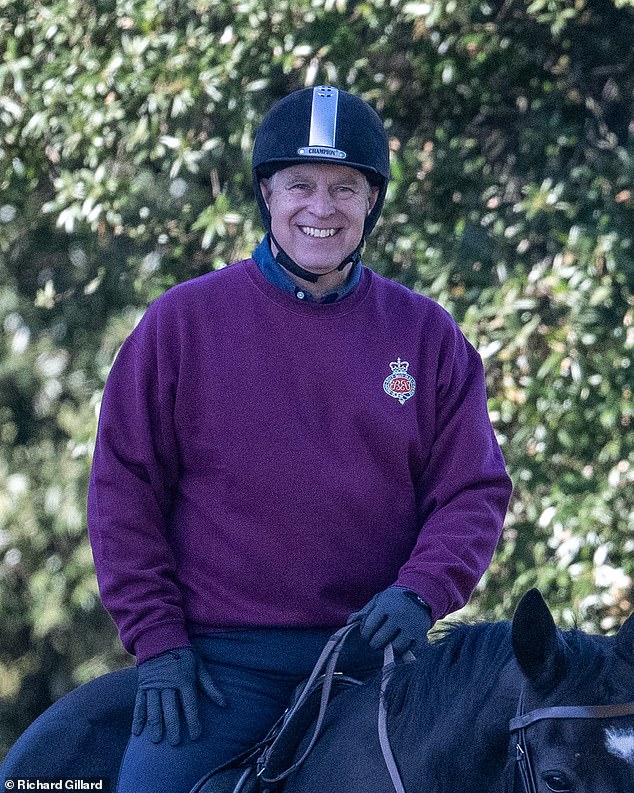 Prince Andrew appeared in high spirits as he enjoyed a quiet horse ride around the grounds of Windsor Castle today