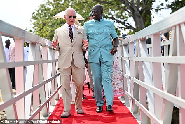 King Charles III and President of the Republic of Kenya, William Ruto ahead of witnessing the Kenya Marines demonstrate a covert beach landing in Mombasa