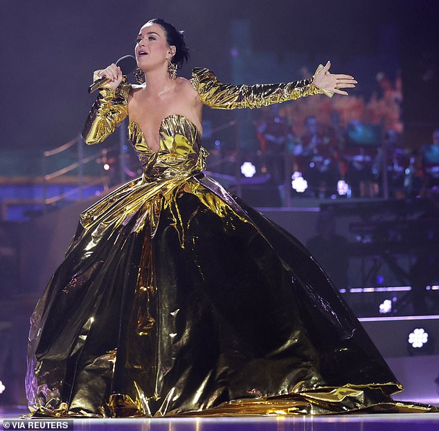 What an honour! Beaming Katy thanked His Majesty during the concert (pictured) for the privilege and revealed her honour as she gushed: 'I got to bring my mum and stay in a castle!'