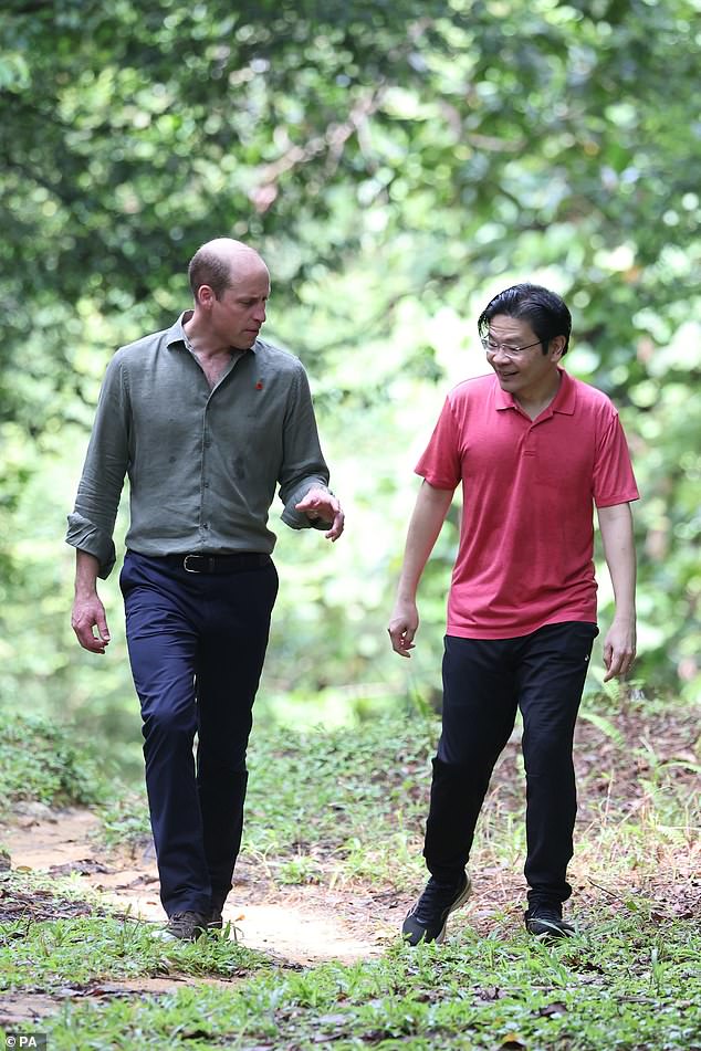 The Prince of Wales walks along a trail during a TreeTop Walk in Singapore this morning