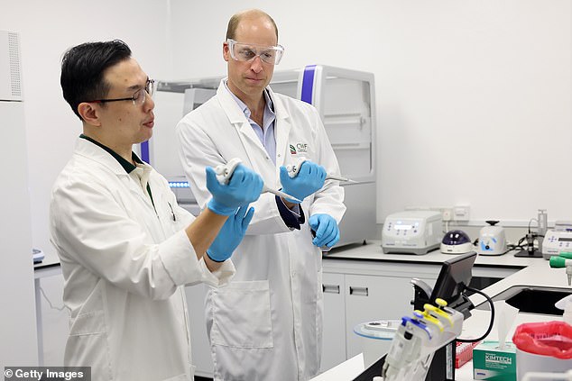 Prince William performs DNA sequencing tests at the Centre for Wildlife Forensics today