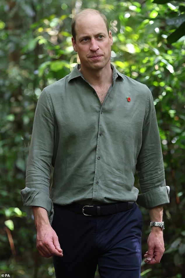 Prince William walks along a trail during a TreeTop Walk in Singapore this morning