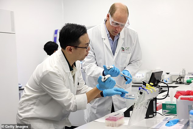 Prince William performs DNA sequencing tests at the Centre for Wildlife Forensics today