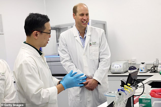 Prince William performs DNA sequencing tests at the Centre for Wildlife Forensics today