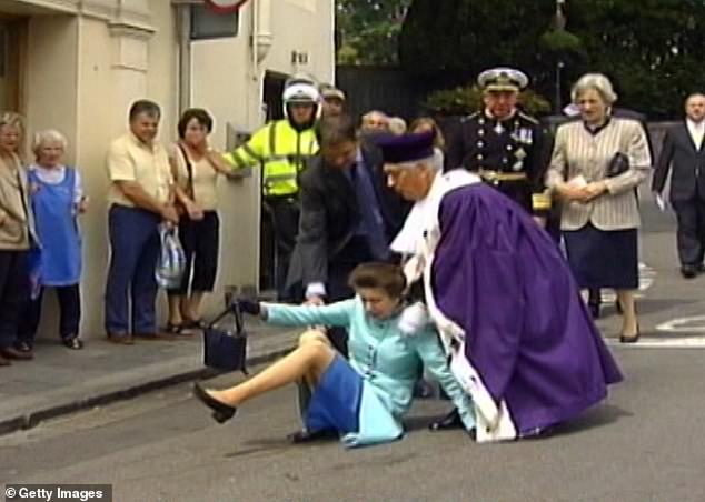 Princess Anne slipped and fell during visit to Guernsey in June 2007, but snapped at bailiff, Geoffrey Rowland, when he went to help her up