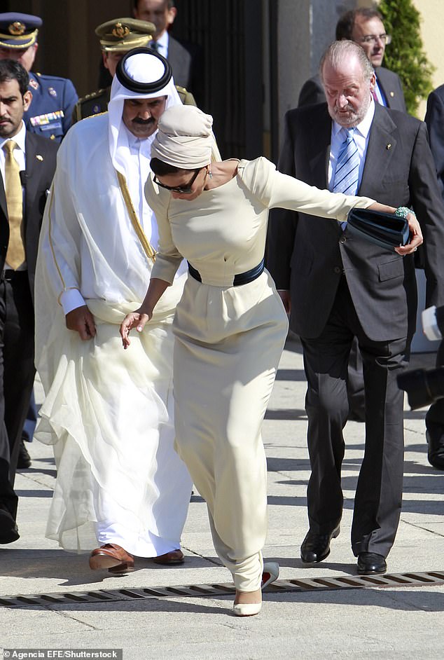 Emir of Qatar's wife, Sheikha Mozah bint Nasser Al Missned, stumbled as she caught her heel  in a drain cover during a a visit to Madrid, Spain, in April 2011