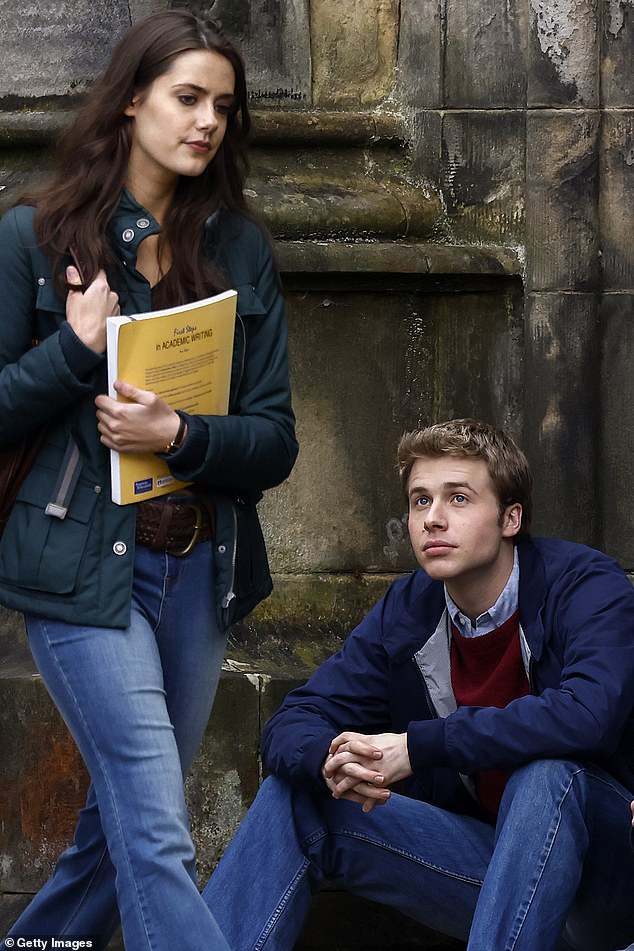 On-screen love: Ed and Meg pictured as William and Kate during filming of The Crown in March