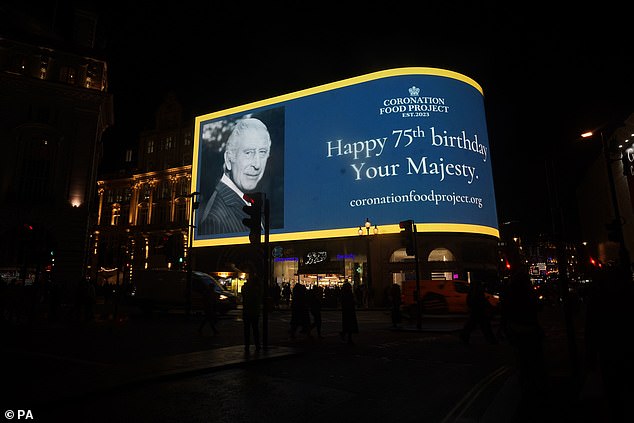 London's Piccadilly Lights were lit up with a birthday message for Charles and the tourist attraction also displayed a quote from his Big Issue article.