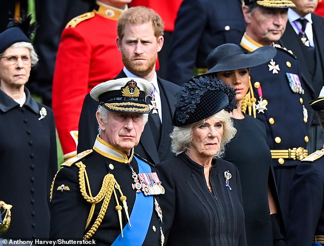 Prince Harry, Meghan Markle with King Charles and Queen Camilla at the late Queen's funeral last year. Harry had reportedly not spoken to his father for a long time