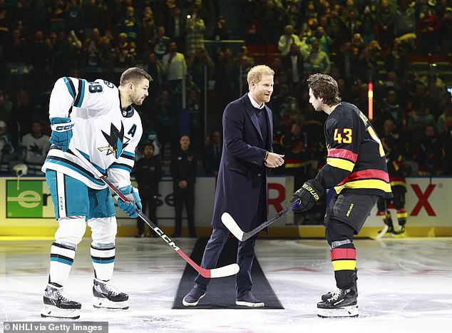 Harry enjoyed a quick conversation  with Quinn Hughes of the Canucks before he launched the first puck