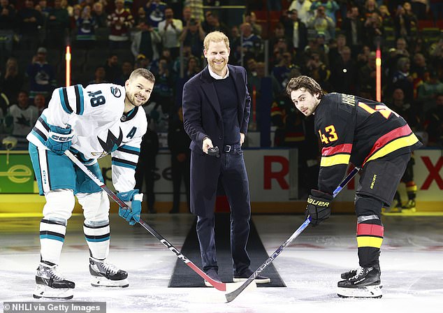 The royal was all smiles as he dropped the puck ahead of the game, just as his grandmother did in 2002