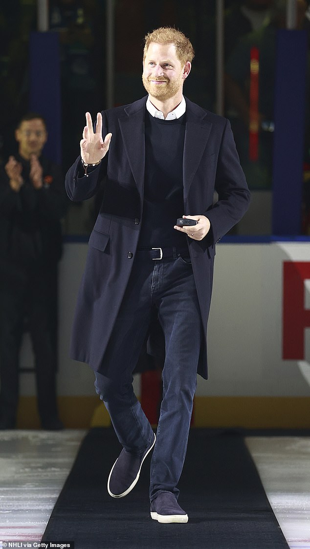 The Duke and Duchess of Sussex are in Canada for work to promote the next Invictus Games, which will be held in Vancouver and Whistler in February 2025. Harry pictured before an NHL game this week