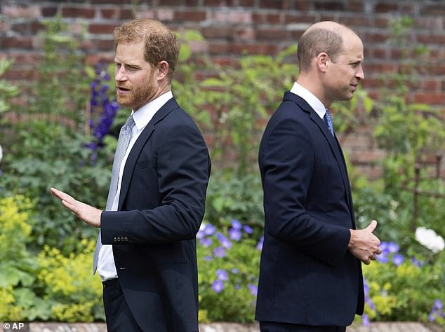 Prince Harry and Prince William on July 1, 2021, during an unveiling of a statue of their mother at Kensington Palace