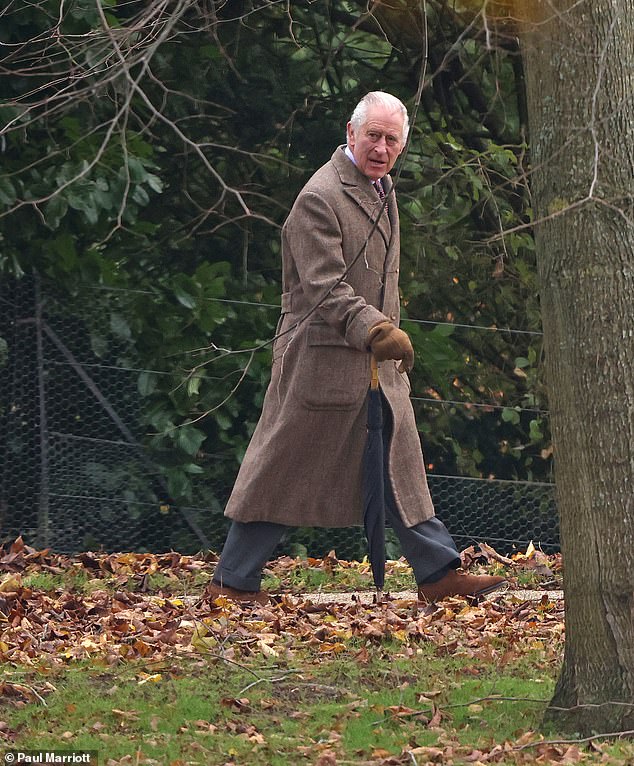 King Charles attends the Sunday service at St. Mary Magdalene church in Sandringham today