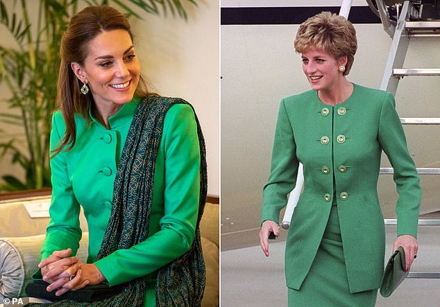 Princess Catherine pictured wearing a spring green tunic during a visit to Pakistan in 2019 (left) and Diana wearing a similar green tunic during her trip to France in 1992 (right)