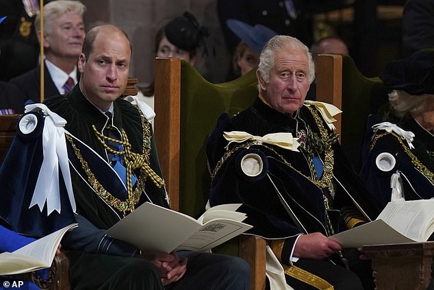 King Charles and Prince William sit during the National Service of Thanksgiving in Edinburgh on July 5