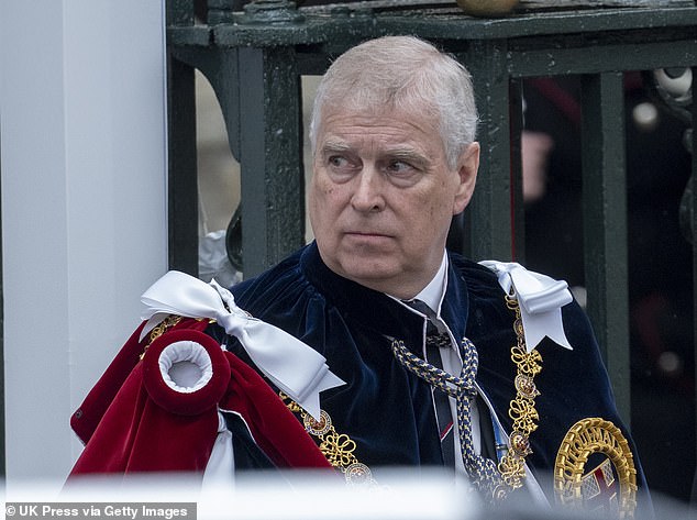 Prince Andrew seen at Westminster Abbey during the Coronation of his older brother King Charles on May 6