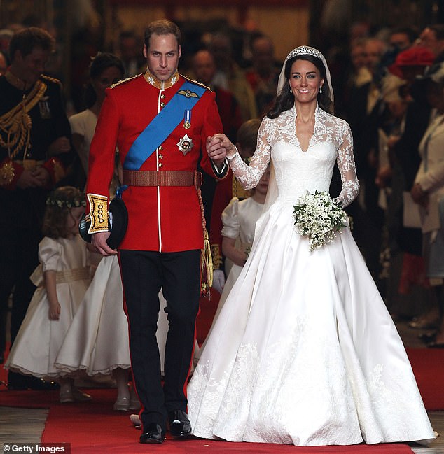 The Prince and Princess of Wales walk out of Westminster Abbey after their wedding ceremony in April 2011