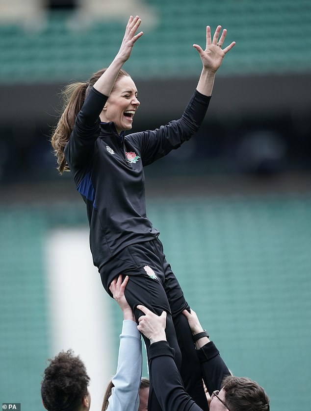 Pictured: The Princess of Wales enthusiastically took part in a rugby training session at Twickenham after becoming their new royal patron last year