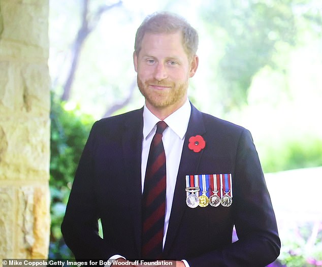 Prince Harry gives a video speech, joking about being ginger and media scrutiny, to a comedy event for US veterans. He wore four medals. The first was an Afghanistan campaign medal, then a 2002 Queen's Golden Jubilee medal, a 2012 Queen's Diamond Jubilee medal and a 2022 Queen's Platinum Jubilee medal (left to right)