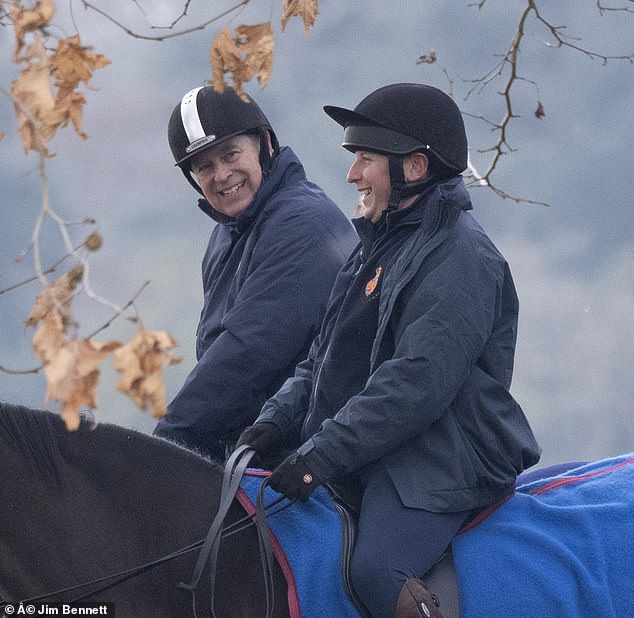 The Duke of York, 63, chuckled to a companion as he took to the saddle this morning