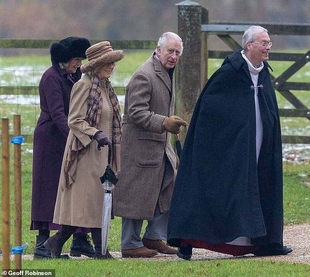 King Charles and Queen Camilla arriving for the morning service at St Mary Magdalene Church in Sandringham, Norfolk