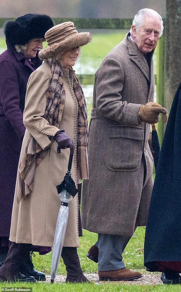 The royal couple journeyed to St Mary Magdalene church, with the impeccably-dressed King walking with purpose before shaking the vicar's hand ahead of the service