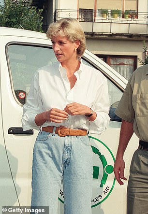 Keeping it low-key, Diana sported a white button-up shirt with denim jeans when visiting Bosnia in 1997