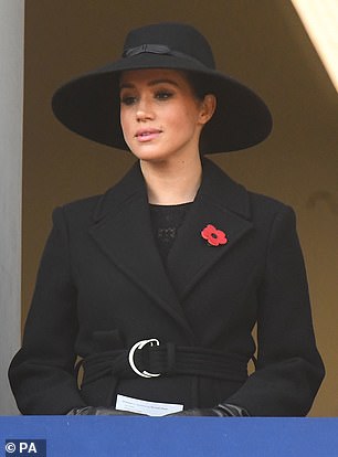 Meghan Markle, 38, pictured, channelled Diana in an all-black ensemble when she joined senior royals for the Remembrance Sunday commemorations at the Cenotaph