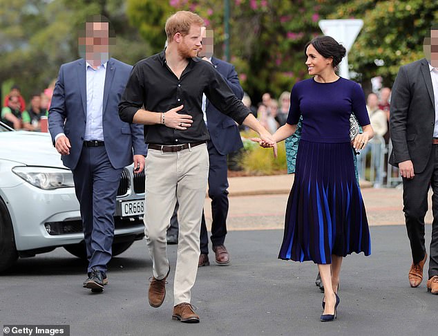 Prince Harry and Meghan Markle with security, their faces blurred, in New Zealand in 2018