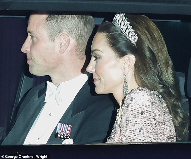 The Princess of Wales appeared in high spirits as she arrived with a smile across her face while sat next to the Prince of Wales