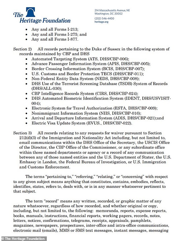 The Heritage Foundation had requested access to Prince Harry's records from DHS through the Freedom of Information Act earlier this year