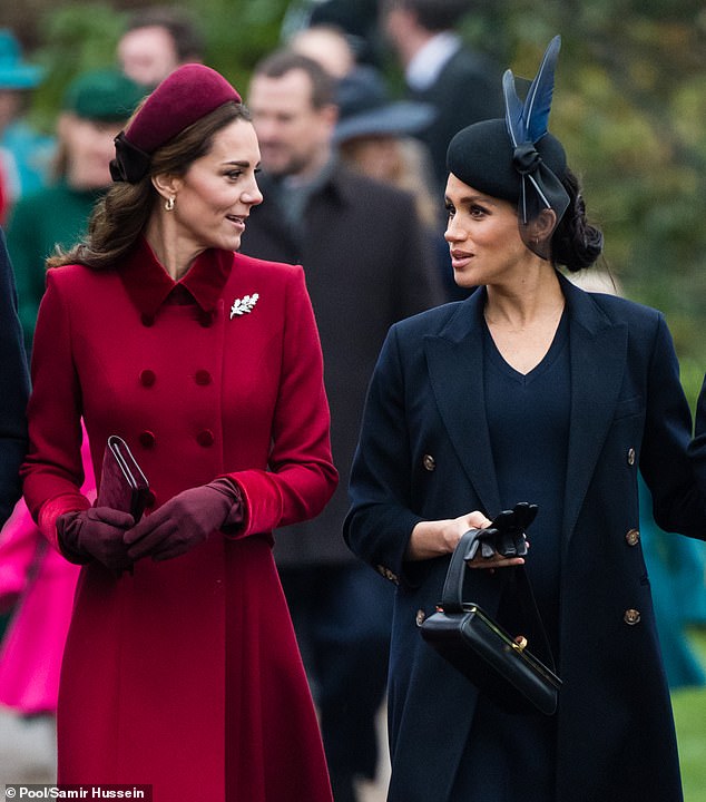 Sisters at odds! Sisters-in-law Kate and Meghan are yet to make public statements regarding the media furore (Pictured: The Duchess of Cambridge and Duchess of Sussex attend Christmas Day Church service at Church of St Mary Magdalene on the Sandringham estate in 2018)