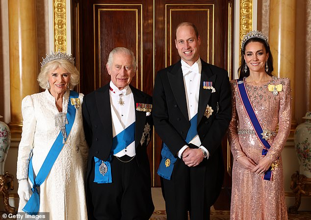 Queen Camilla, King Charles III, Prince William and Princess Kate are pictured at Buckingham Palace on Tuesday. The senior royals put on a united front amid fallout from race row sparked by the Dutch translation of Scobie's book