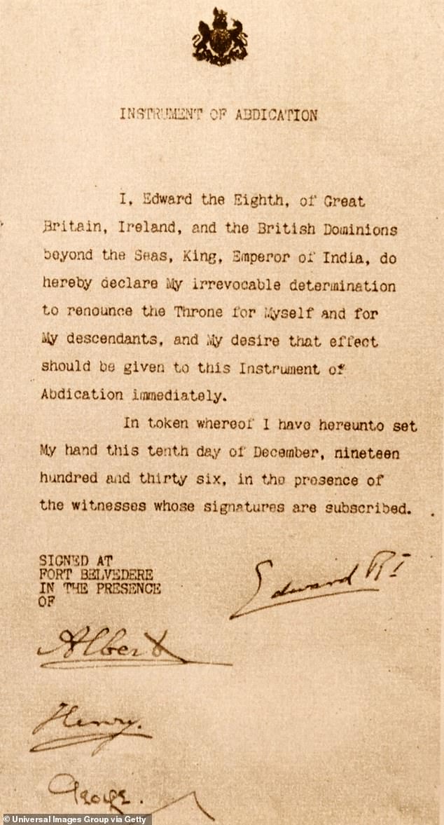 Copy of the document that confirms the abdication of King Edward VIII