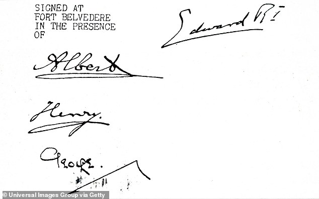 The signatures of King Edward VIII  and his brothers, Albert (the given name of his successor, George VI) Henry, Duke of Gloucester and George, Duke of Kent