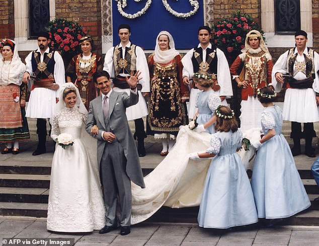 Prince Pavlos of Greece and his bride Marie-Chantal Miller after their wedding at the Greek Orthodox Cathedral of St Sofia in Bayswater, London in 1995