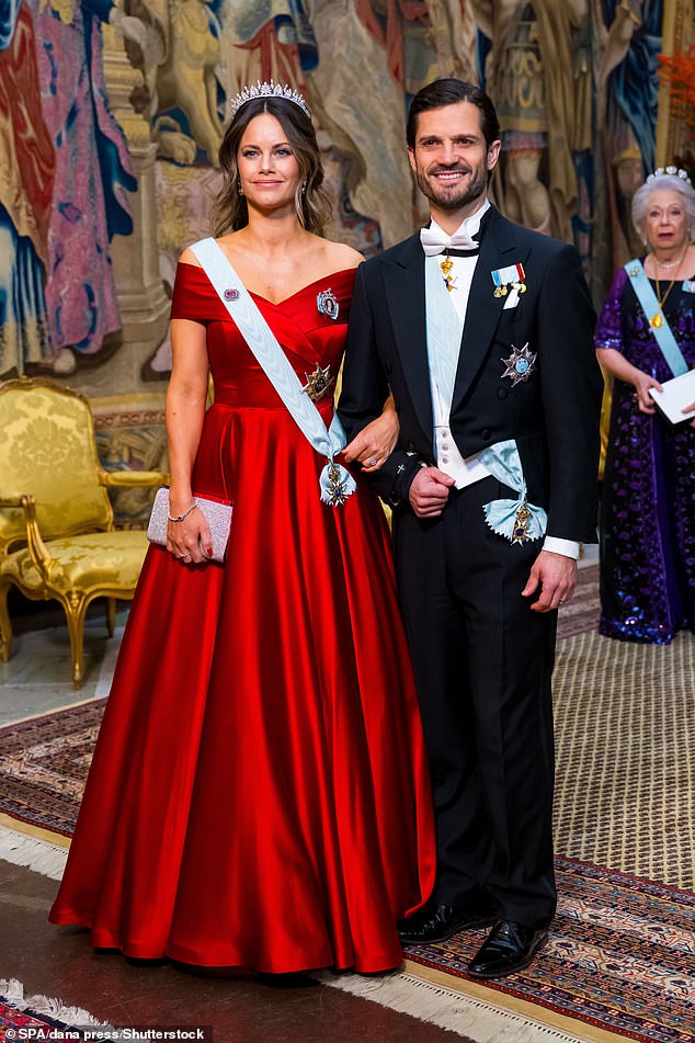 Princess Sofia's ruby-red metallic gown featured a bardot neckline and a full skirt