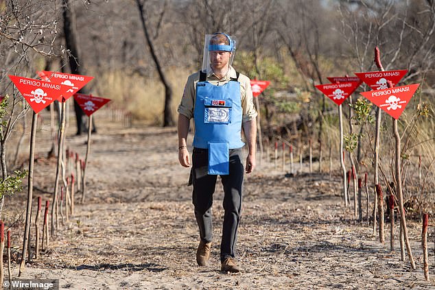 Prince Harry, Duke of Sussex walks through a minefield during a visit to see the work of landmine clearance charity the Halo Trust, on day five of the royal tour of Africa on September 27, 2019 in Dirico, Angola