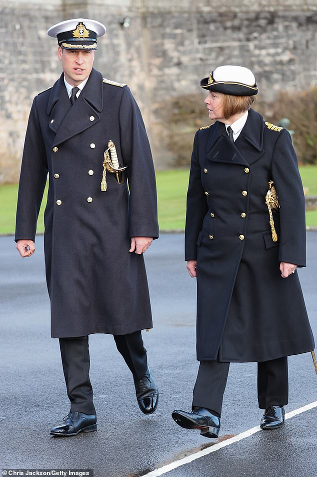 William will also inspect the front rank of the Guard and the Royal Marines Band of Plymouth, as well as the ranks of St Vincent, Howe, and St George Division. Pictured arriving at the college