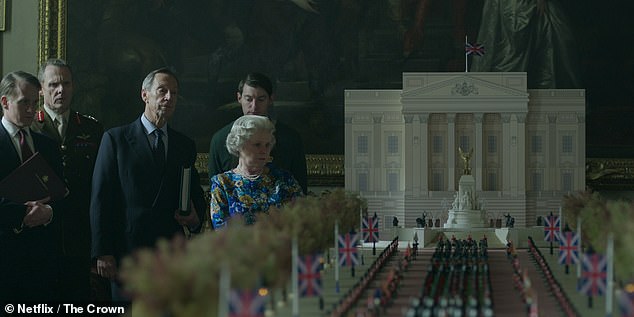 Pictured: The Queen - played by Imelda Staunton - is seen being briefed on her funeral proceedings