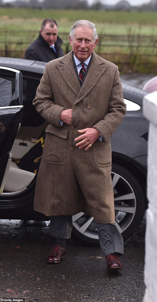 The then-Prince of Wales wore his tweed coat with a pair of mahogany brogues, which he has also been pictured in since 1971, whilst visiting victims of the flooding caused by Storm Desmond in Carlisle on 21 December 2015