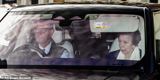 They were closely followed by the Princess Royal, 73, sporting a chic emerald green ensemble as she was driven by her husband Tim Laurence , 68