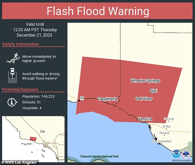 Thunderstorms are covering Santa Barbara and Montecito, where the Duke and Duchess of Sussex live with their children, and a flash flood warning is currently in effect