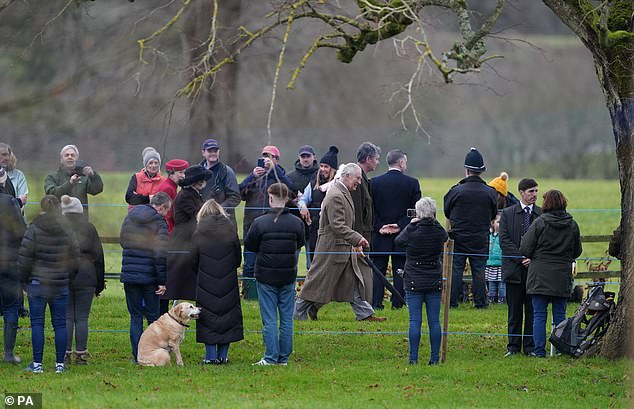 Quite a crowd: Families dressed for winter weather took photos of the royals as they walked to the church service